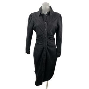 Reserved Black Denim Ruched Collared Long Sleeve Midi Bodycon Shirt Dress Sz 38